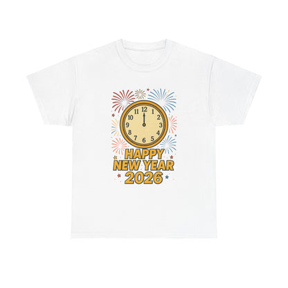 Happy New Year 2026 T-Shirt — Countdown Clock & Fireworks Celebration Tee