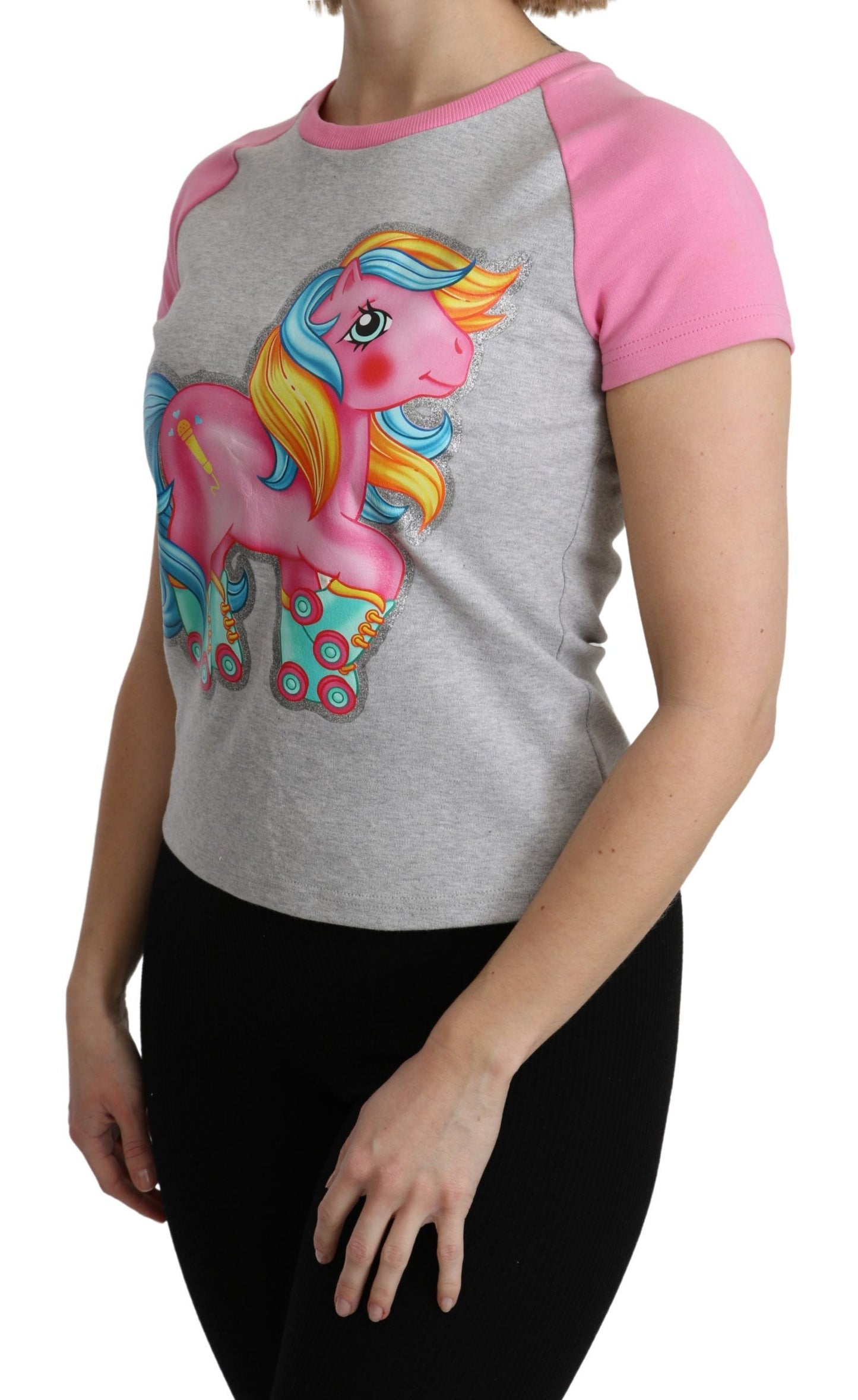 T-shirt col rond en coton gris Moschino avec détails roses