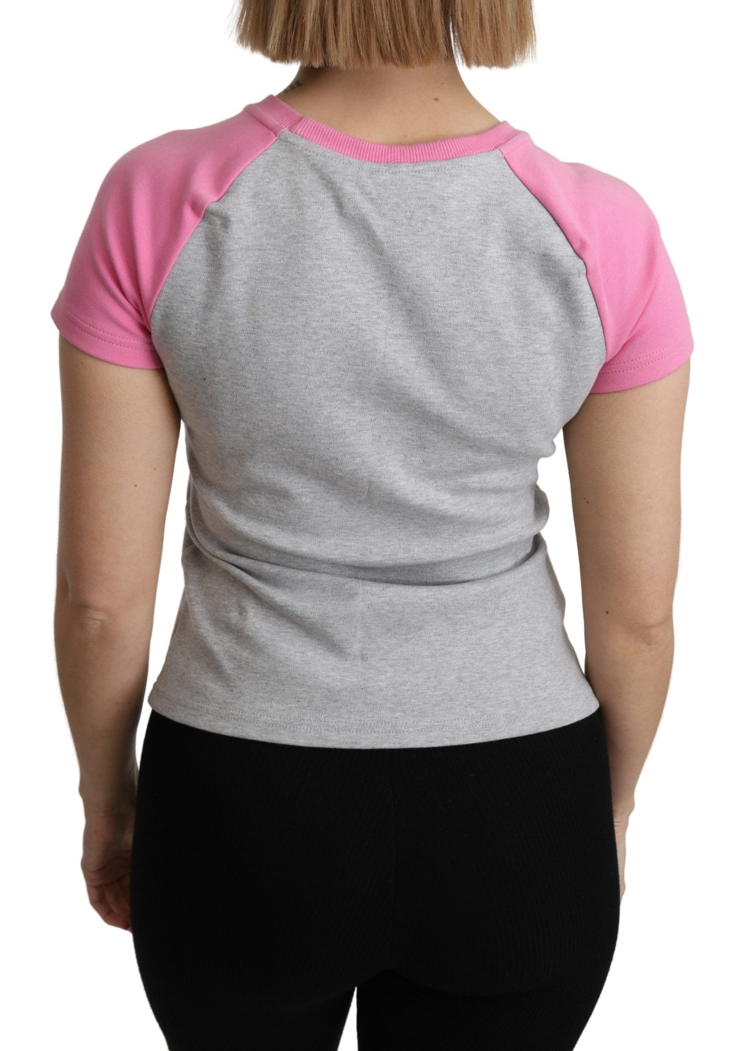 Moschino Chic Camiseta gris de algodón con cuello redondo y detalles en rosa