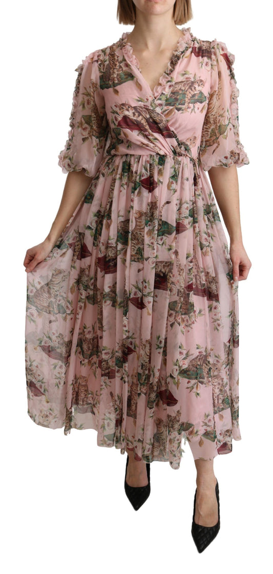 Dolce &amp; Gabbana - Robe longue trapèze rose à imprimé chat du Bengale