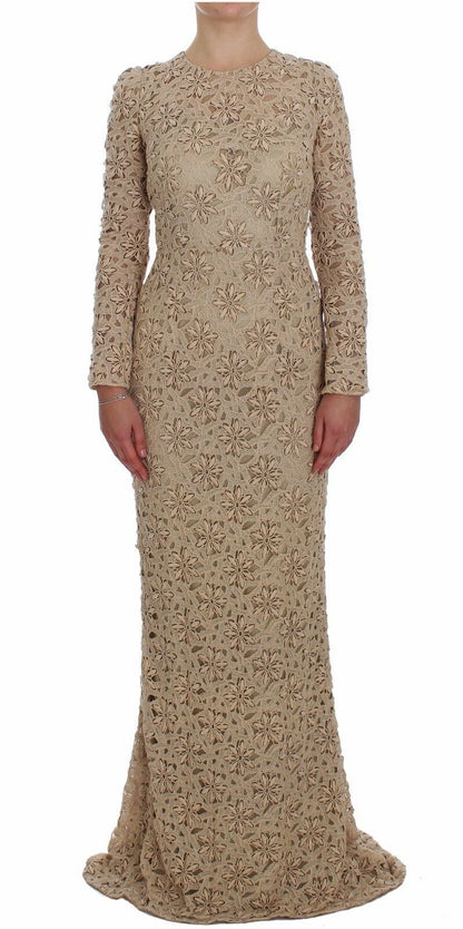 Dolce &amp; gabbana - Robe longue beige à manches longues en dentelle fleurie