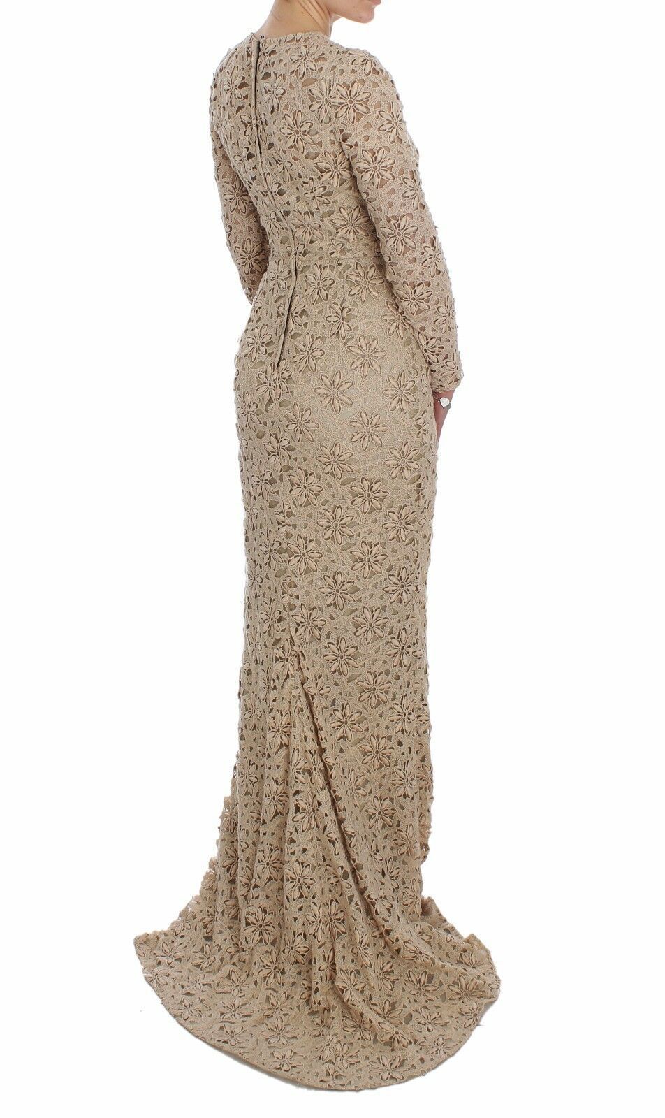 Dolce &amp; gabbana - Robe longue beige à manches longues en dentelle fleurie