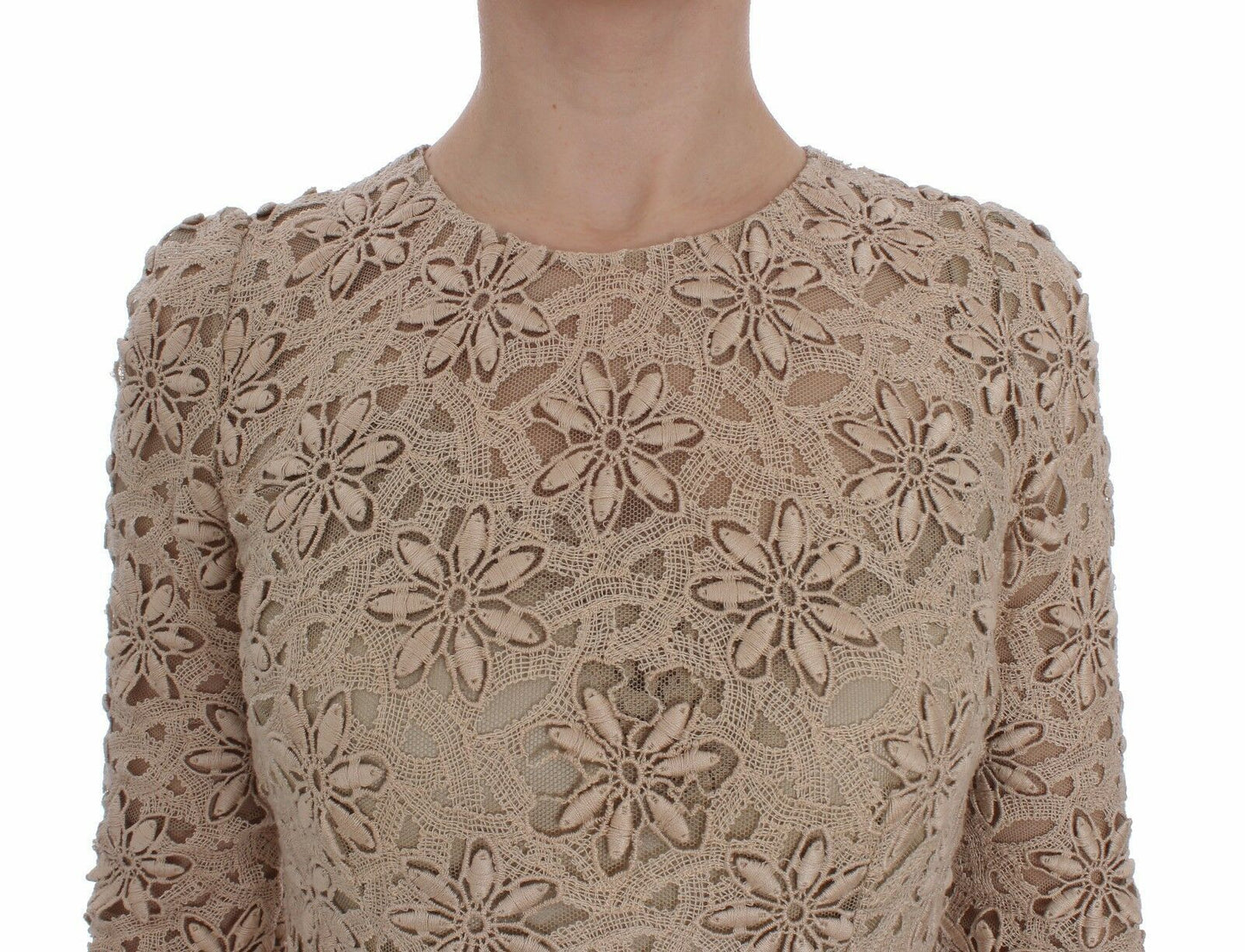 Dolce &amp; gabbana - Robe longue beige à manches longues en dentelle fleurie