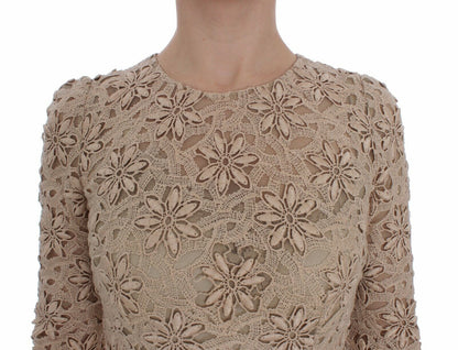 Dolce &amp; gabbana - Robe longue beige à manches longues en dentelle fleurie