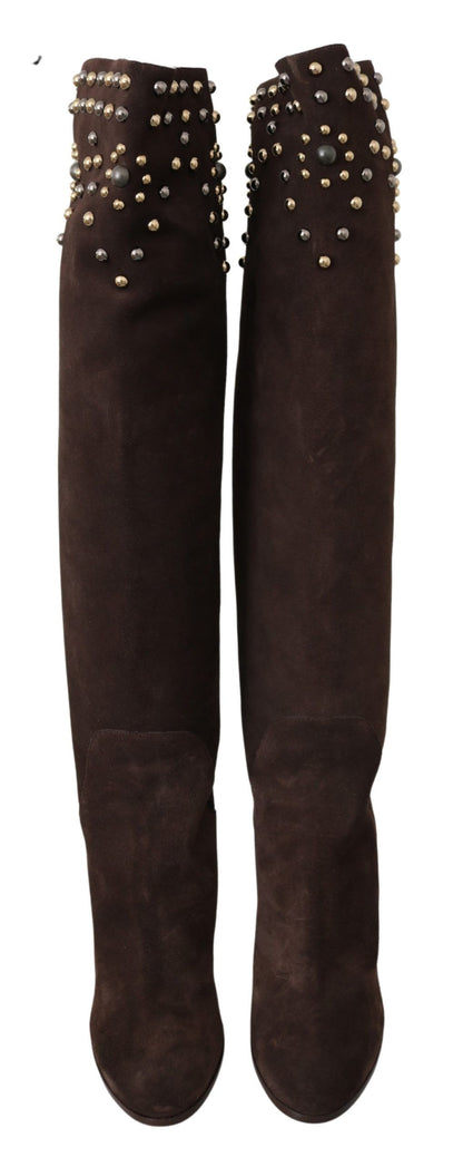 Dolce & Gabbana Studded Suede Knee High Boots in Brown