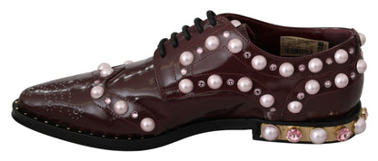 Chaussures plates à lacets bordeaux Dolce &amp; gabbana avec perles et cristaux