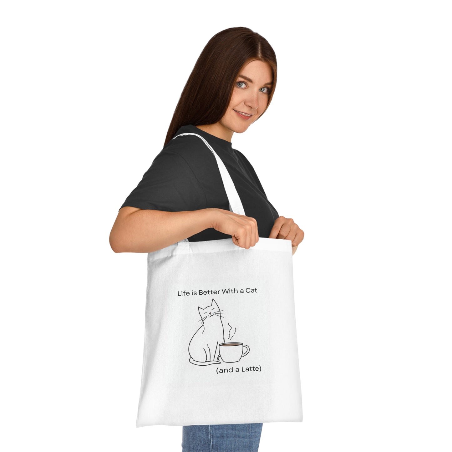 Cute Cat Coffee Cotton Tote Bag - "Life is Better With a Cat (and a Latte)"