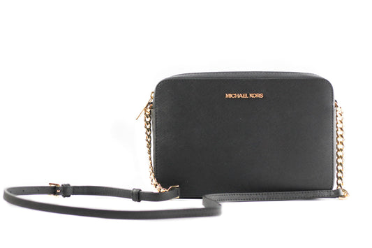 Michael Kors Jet Set Bolso bandolera grande de piel Saffiano East West (hardware negro sólido/dorado)