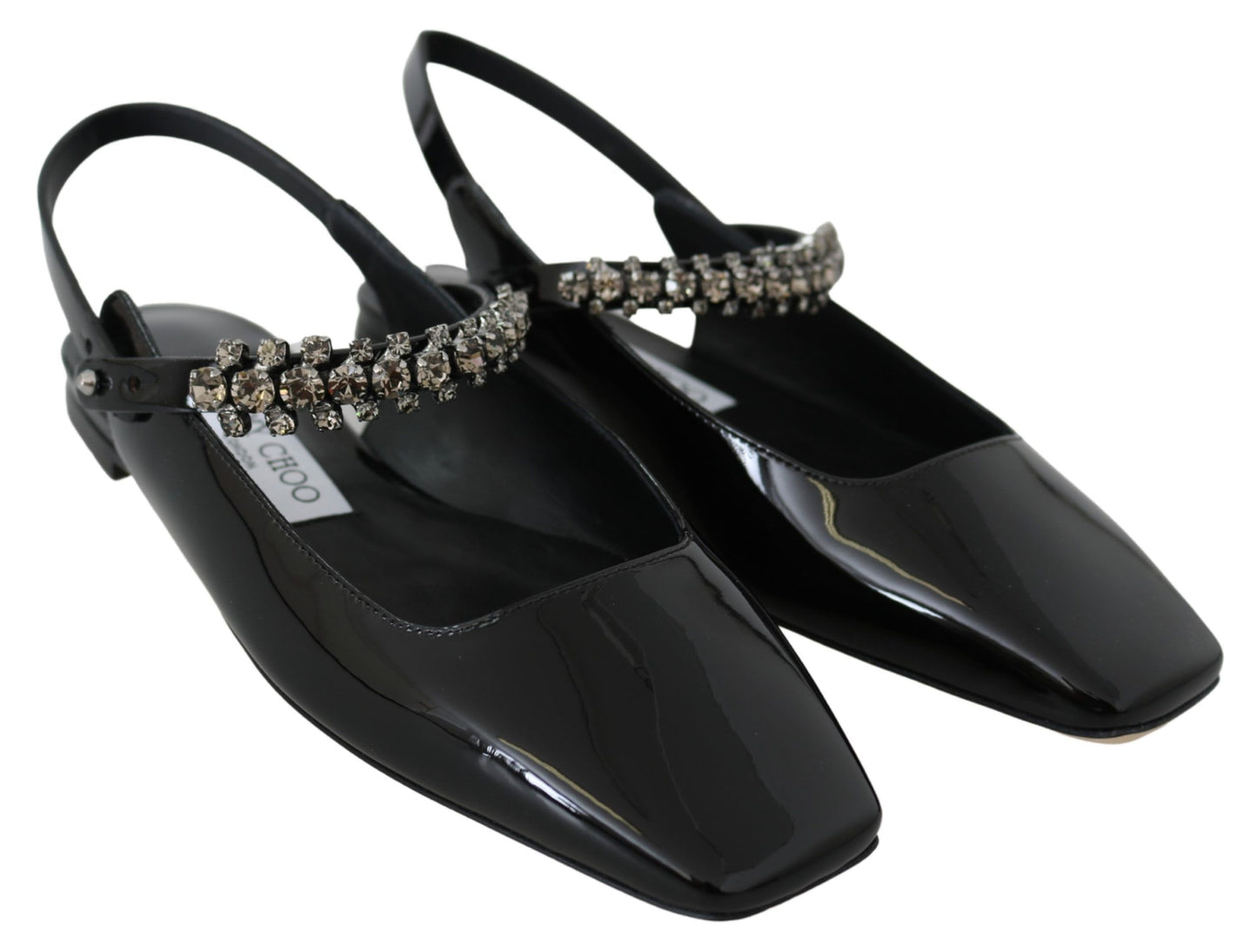 Jimmy Choo chaussures plates vernies noires avec accents de cristaux