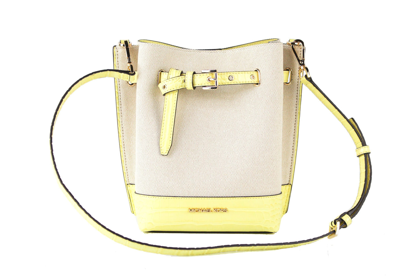 Michael Kors Emilia Bolso bandolera pequeño de lona con estampado de piel de serpiente (Buttercup)