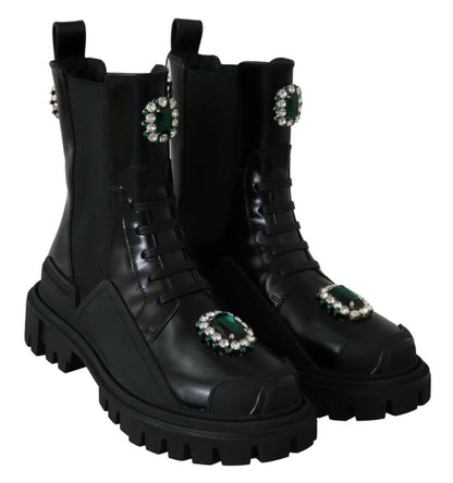 Bottes de combat en cuir noir Dolce &amp; gabbana avec détail en cristal