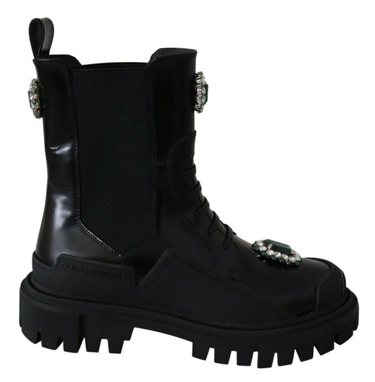 Bottes de combat en cuir noir Dolce &amp; gabbana avec détail en cristal