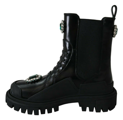 Bottes de combat en cuir noir Dolce &amp; gabbana avec détail en cristal