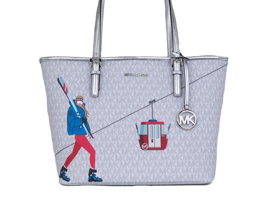 Michael Kors Jet Set Bolso tote de hombro mediano con estampado de PVC para niñas (multicolor blanco brillante)