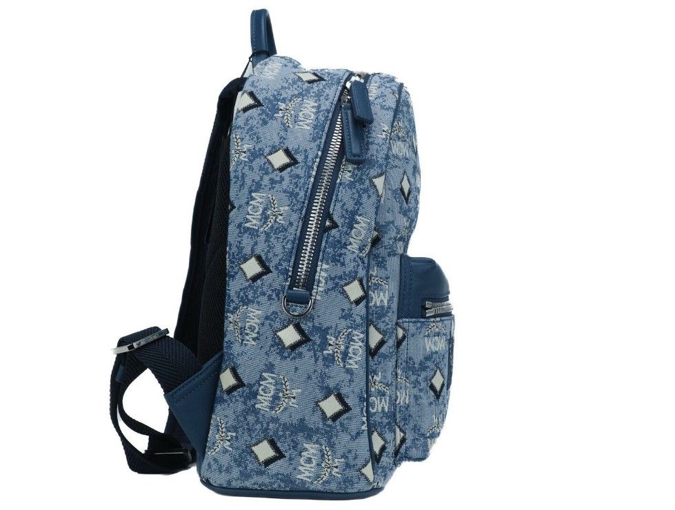 Mcm stark petit bleu vintage jacquard monogramme logo tissu sac à dos bookbag