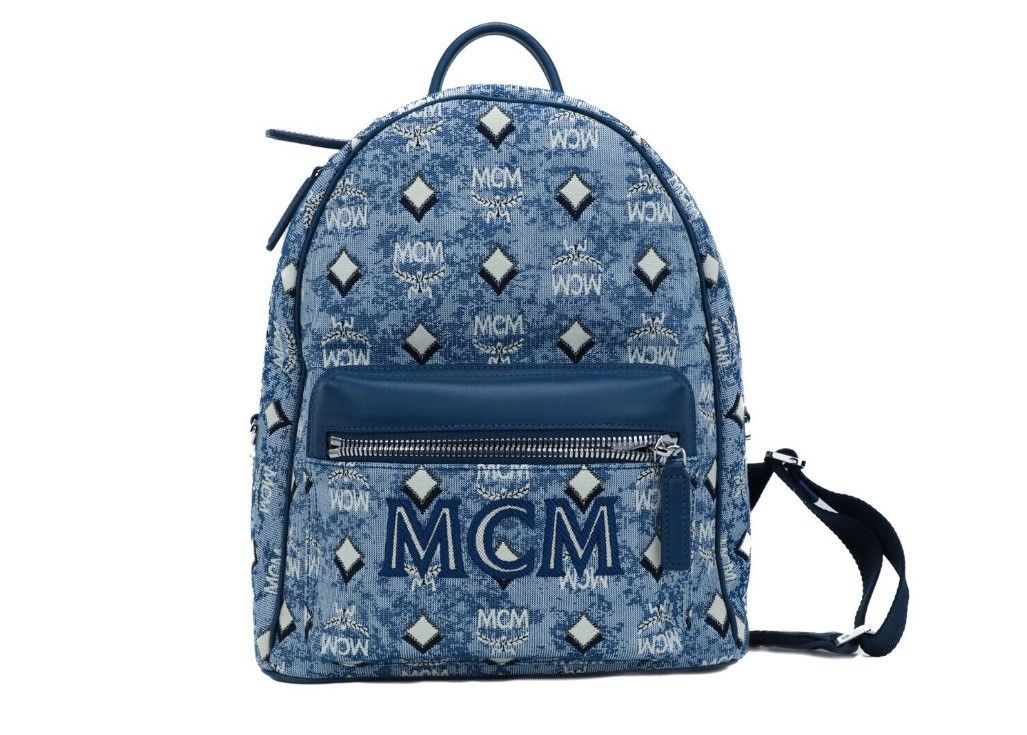 Mcm stark petit bleu vintage jacquard monogramme logo tissu sac à dos bookbag