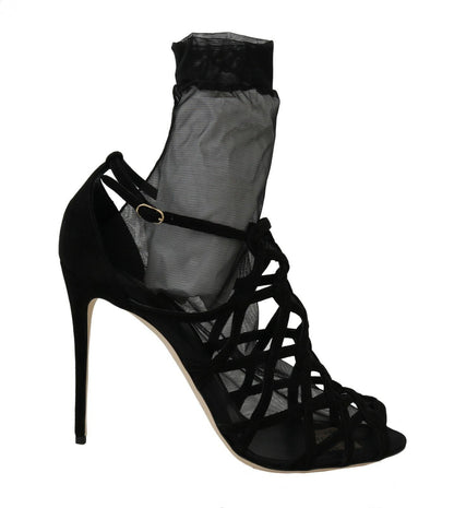 Dolce &amp; gabbana sandales bottines en tulle et daim noir