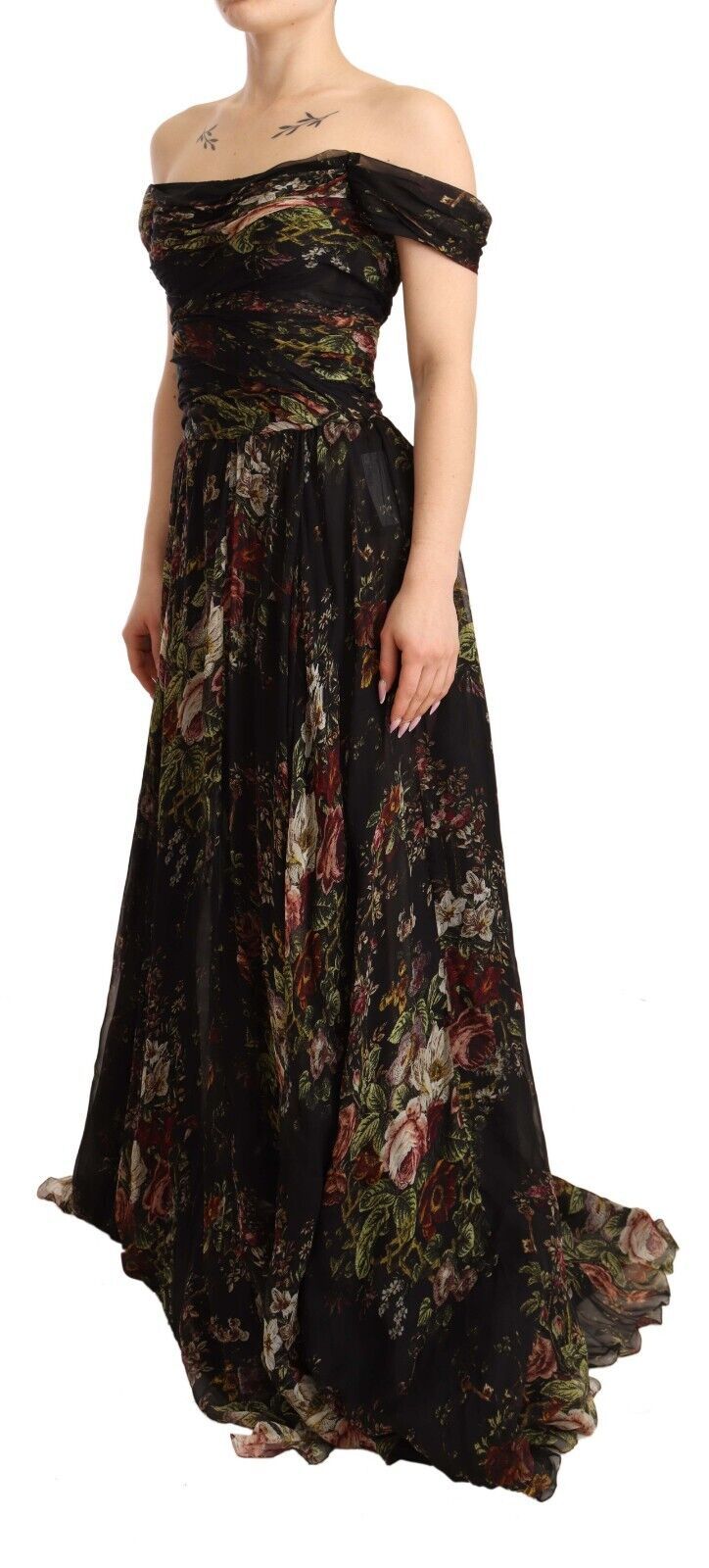 Robe longue à épaules dénudées en soie fleurie Dolce &amp; gabbana