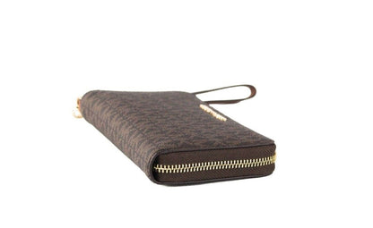 Michael kors jet set grand portefeuille de poignet plat multifonction en pvc signature marron