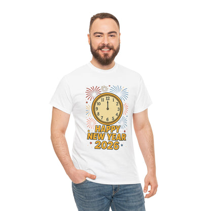 Happy New Year 2026 T-Shirt — Countdown Clock & Fireworks Celebration Tee