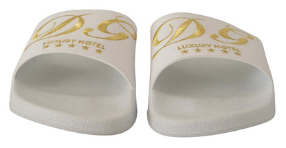 Dolce & Gabbana Chic White Leather Slides with Gold Embroidery