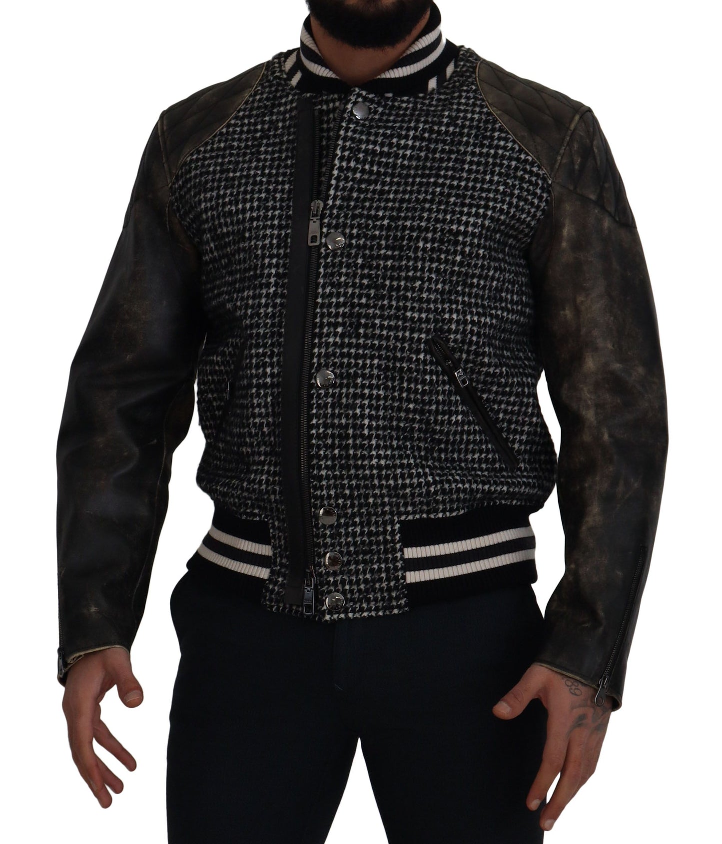 Dolce & Gabbana Multicolor Houndstooth Leather Bomber Jacket