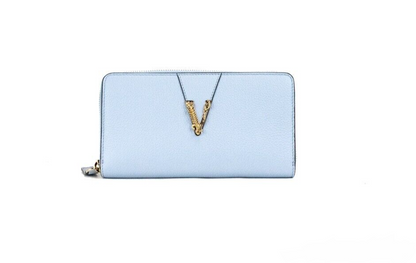 Versace grand portefeuille pochette zippé en cuir grainé bleuets avec monogramme doré