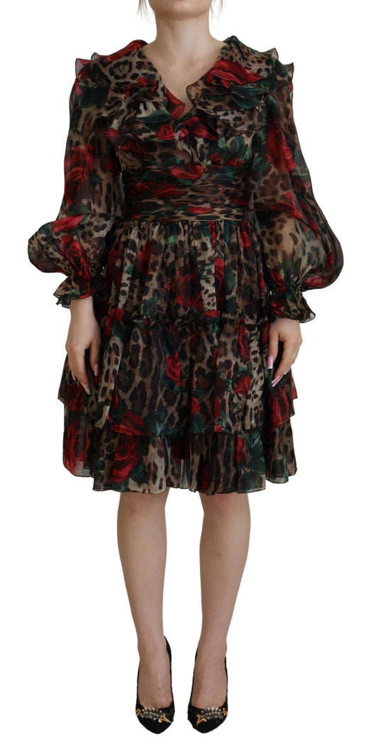 Robe en soie à imprimé léopard et roses rouges Dolce &amp; gabbana