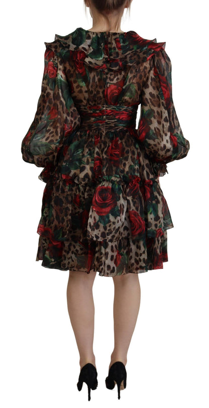 Robe en soie à imprimé léopard et roses rouges Dolce &amp; gabbana