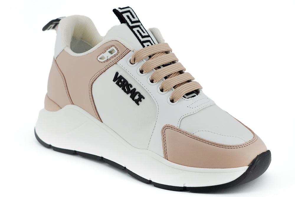 Versace Zapatillas de piel de becerro rosa claro y blanco