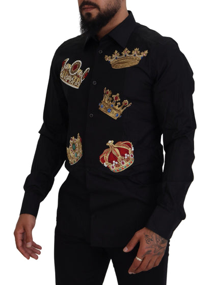 Dolce & Gabbana Elegant Black Slim Fit Dress Shirt with Crown Embroidery