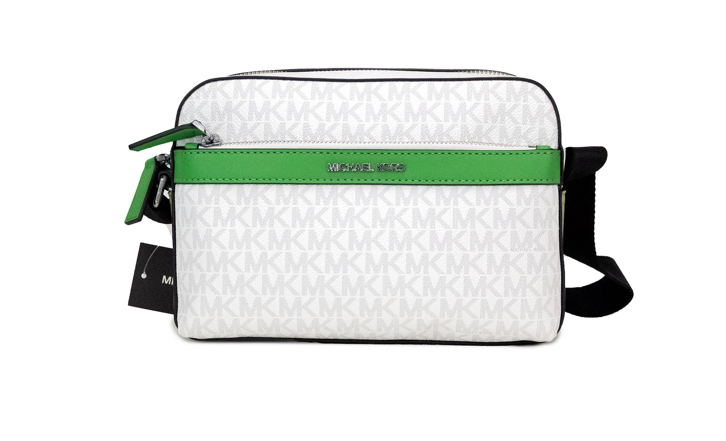 Michael Kors Cooper Bolso bandolera utilitario pequeño de PVC con firma de palma en blanco brillante