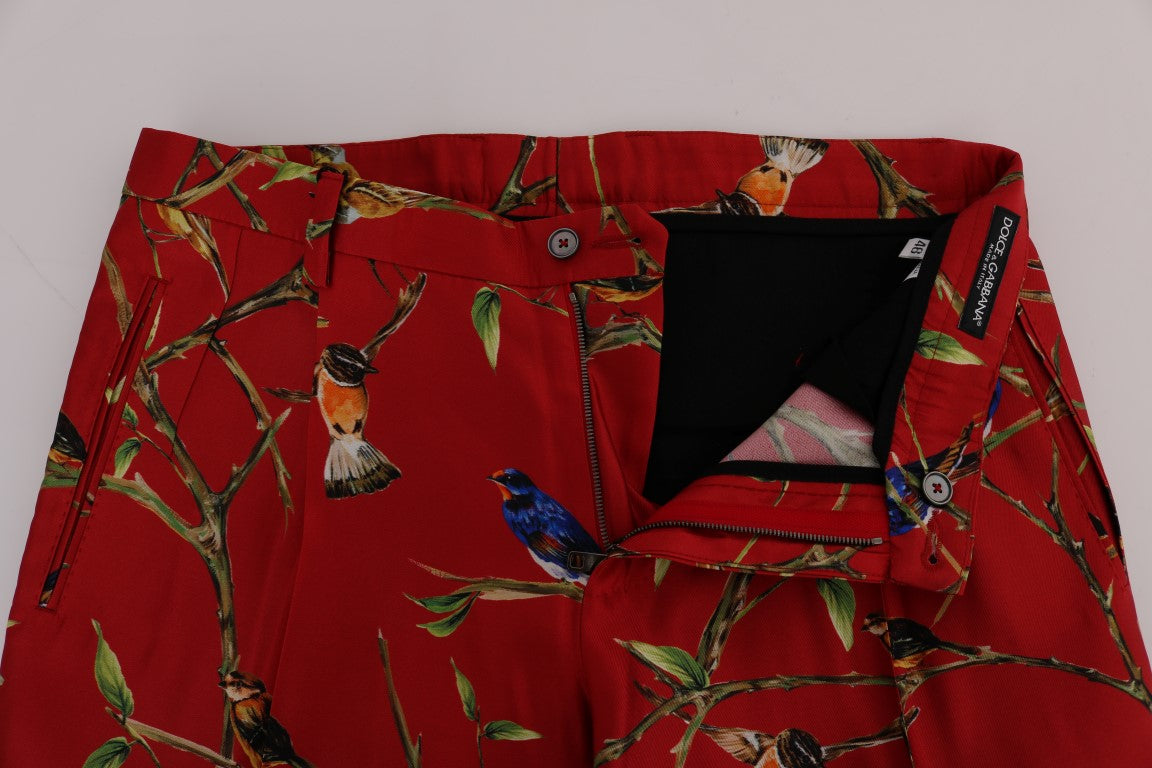 Pantalon habillé en soie élégant Dolce &amp; Gabbana à imprimé oiseaux rouges