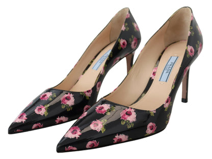 Zapatos de tacón de cuero con estampado floral elegantes de Prada