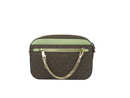 Michael Kors Jet Set Large EW Brown Sage Bolso bandolera de cuero PVC con cadena y cremallera