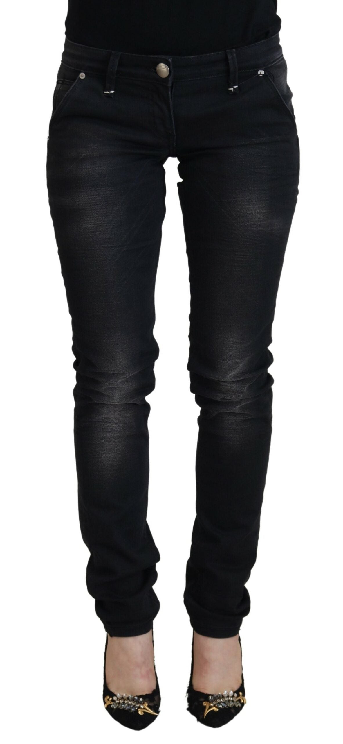 Jean skinny taille basse noir délavé élégant Acht