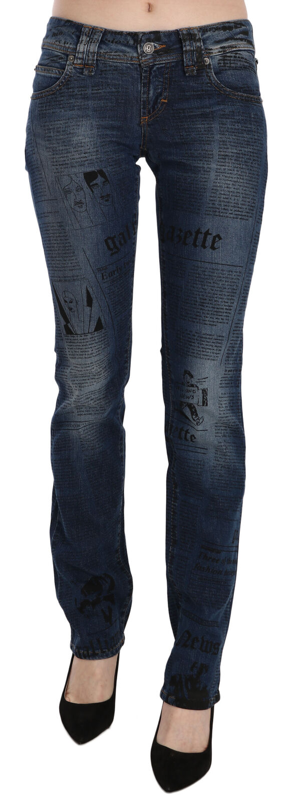 Pantalones vaqueros ajustados de cintura baja con estampado de periódico azul de John Galliano