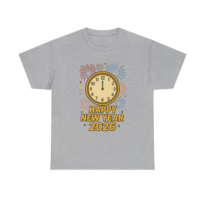Happy New Year 2026 T-Shirt — Countdown Clock & Fireworks Celebration Tee