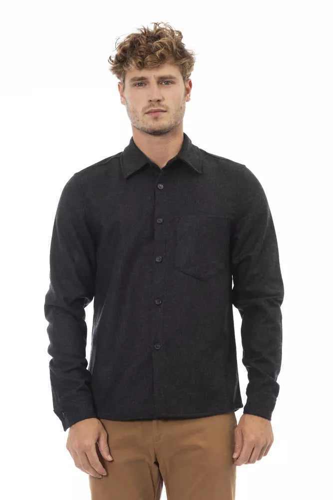 Chemise boutonnée en flanelle grise Alpha Studio avec poche avant