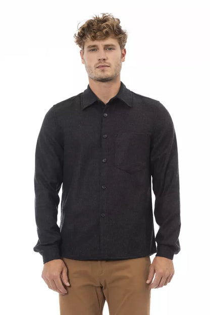 Chemise boutonnée en flanelle grise Alpha Studio avec poche avant