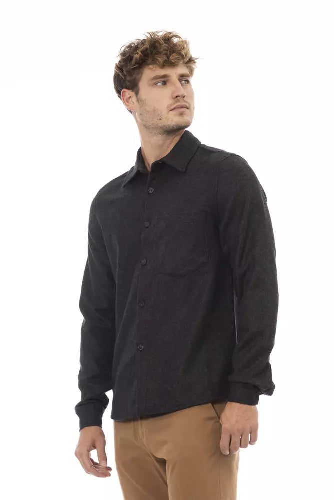 Chemise boutonnée en flanelle grise Alpha Studio avec poche avant