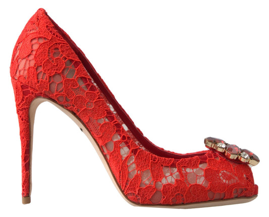 Talons en dentelle rouge Dolce &amp; Gabbana avec ornements en cristaux