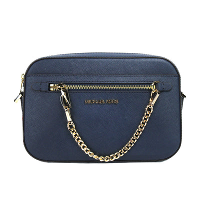 Michael Kors Jet Set Grand sac à bandoulière en cuir bleu marine East West avec chaîne zippée