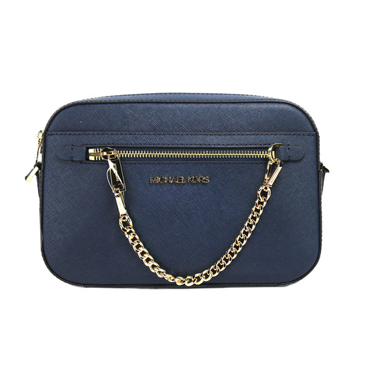 Michael Kors Jet Set Grand sac à bandoulière en cuir bleu marine East West avec chaîne zippée