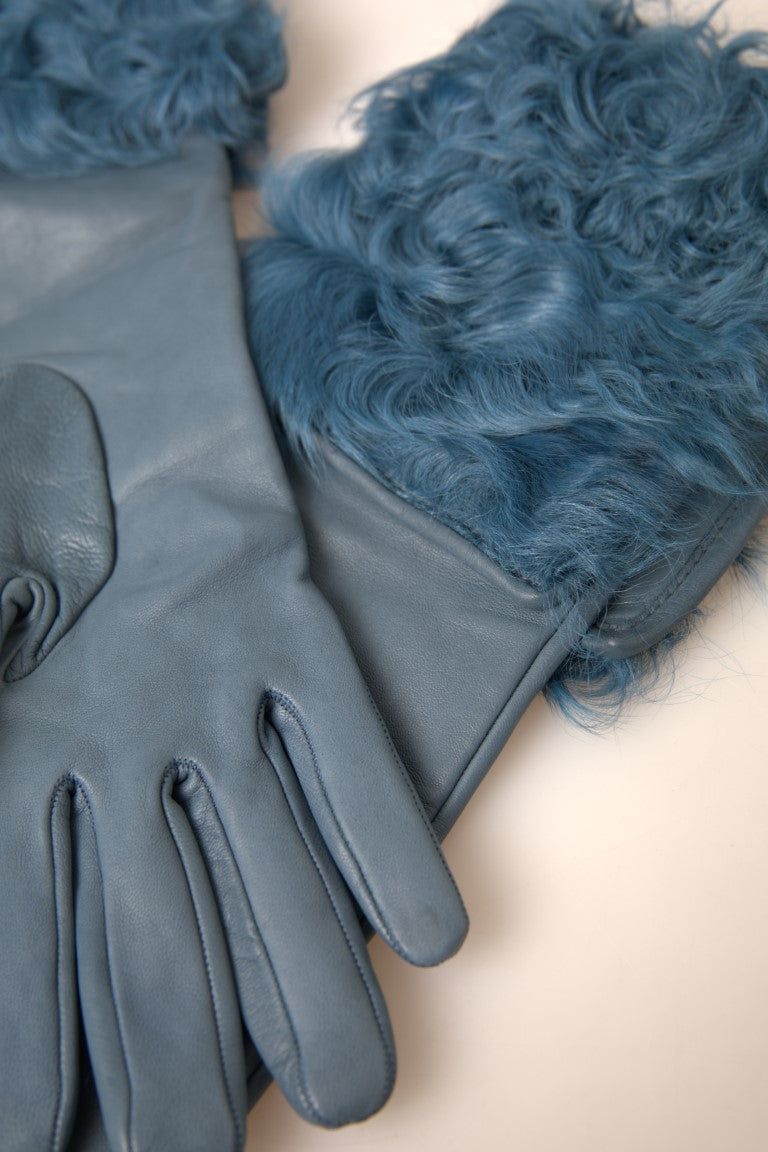 Gants en cuir bleu Dolce &amp; Gabbana avec bordure en fourrure