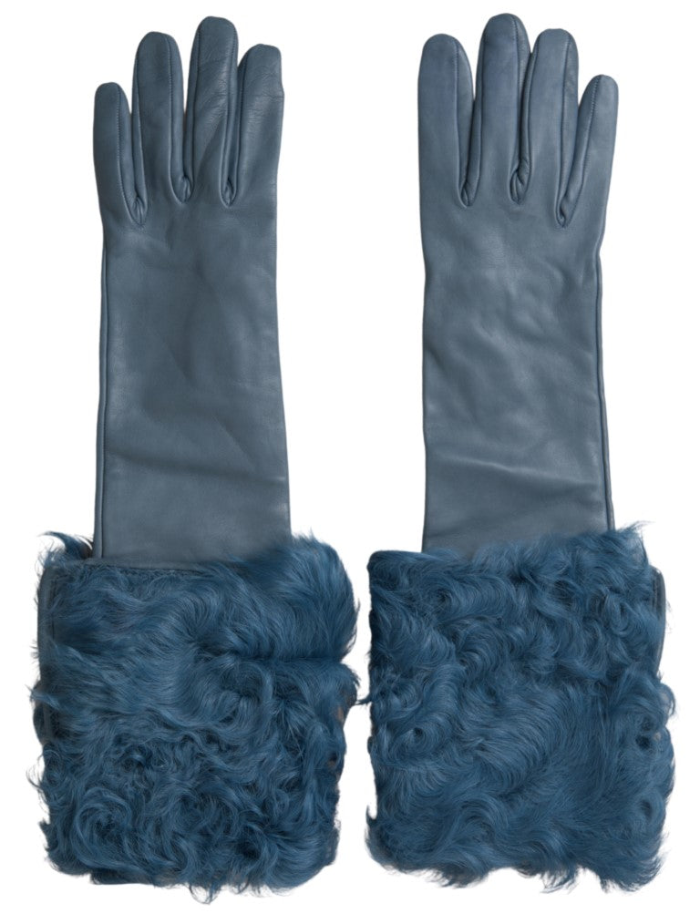 Gants en cuir bleu Dolce &amp; Gabbana avec bordure en fourrure