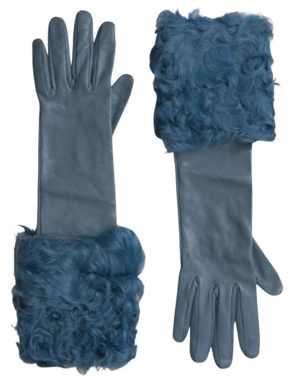 Gants en cuir bleu Dolce &amp; Gabbana avec bordure en fourrure