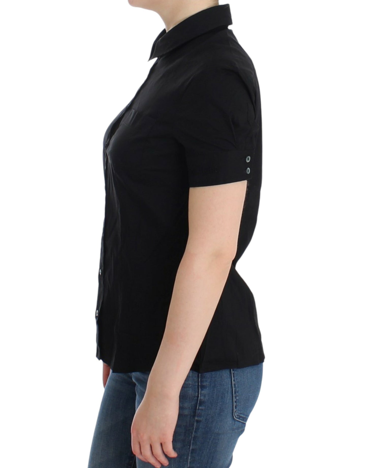 John Galliano Elegante blusa de manga corta elástica de algodón negro