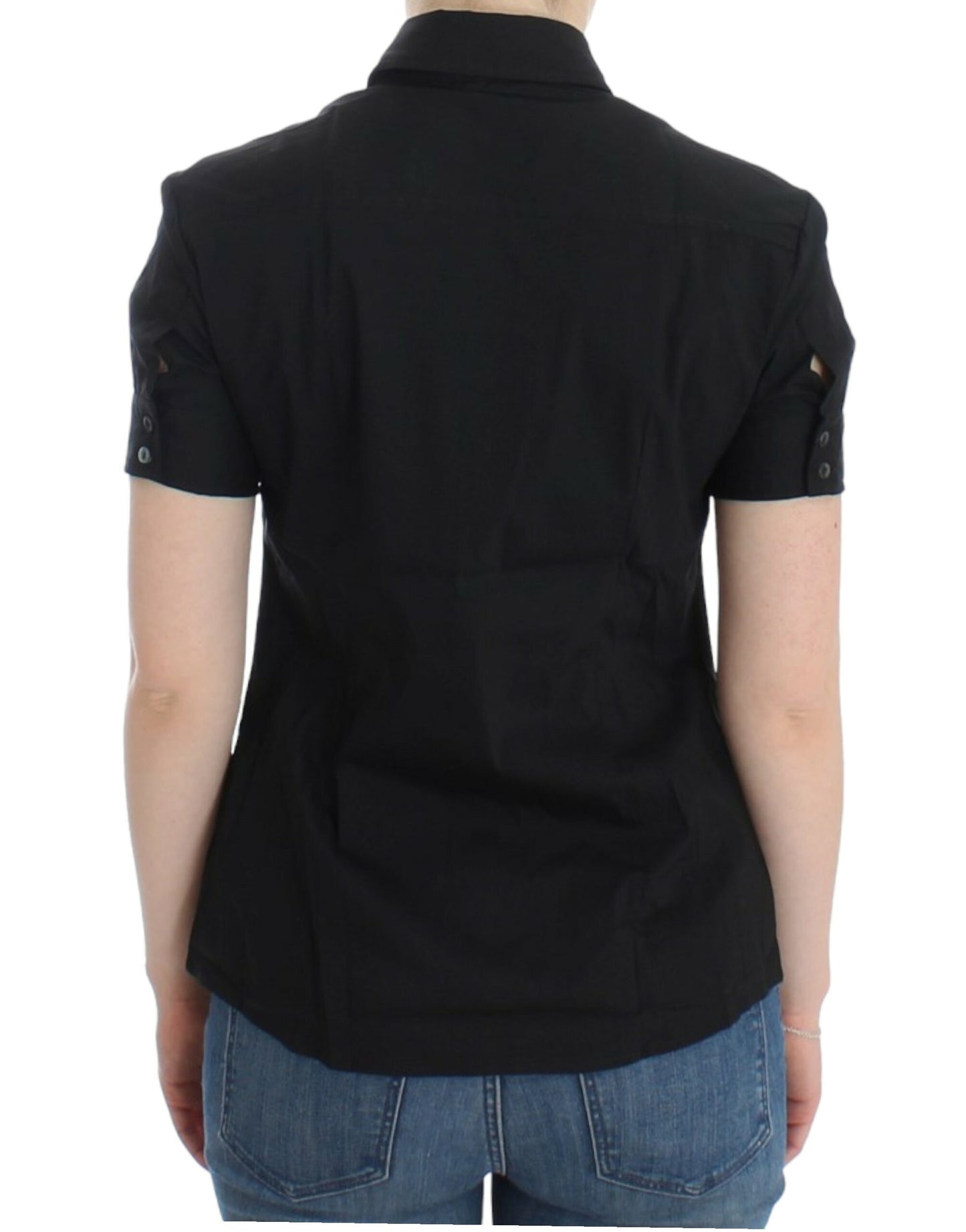 John Galliano Elegante blusa de manga corta elástica de algodón negro