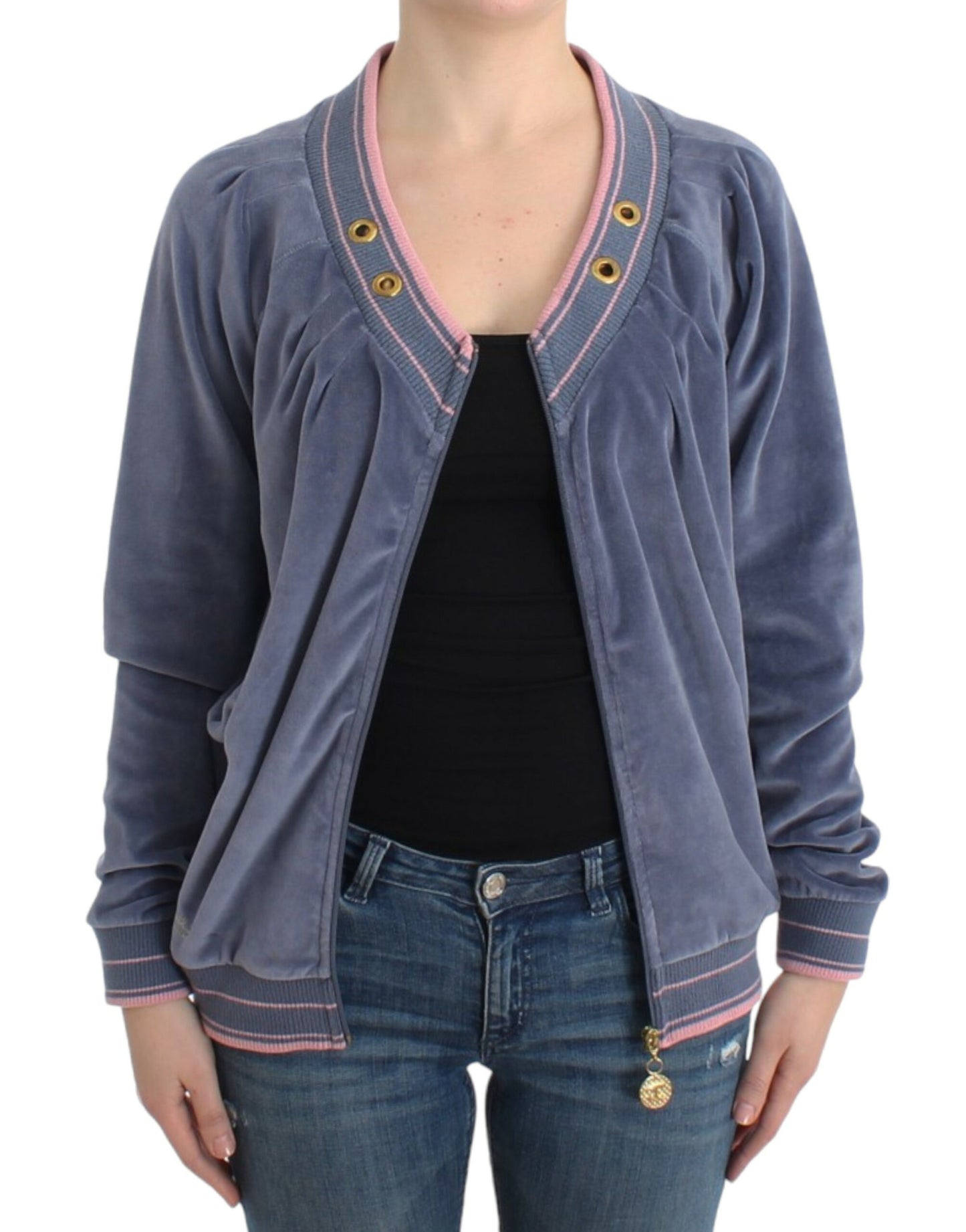 Cardigan zippé bleu Cavalli avec détails dorés